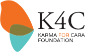 Logo of Karma For Cara Foundation with stylized overlapping shapes in orange, brown, and teal.