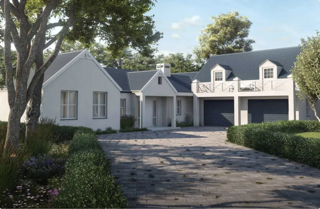 Exterior view of a renovated Portuguese-style family home with modern details and garden driveway.