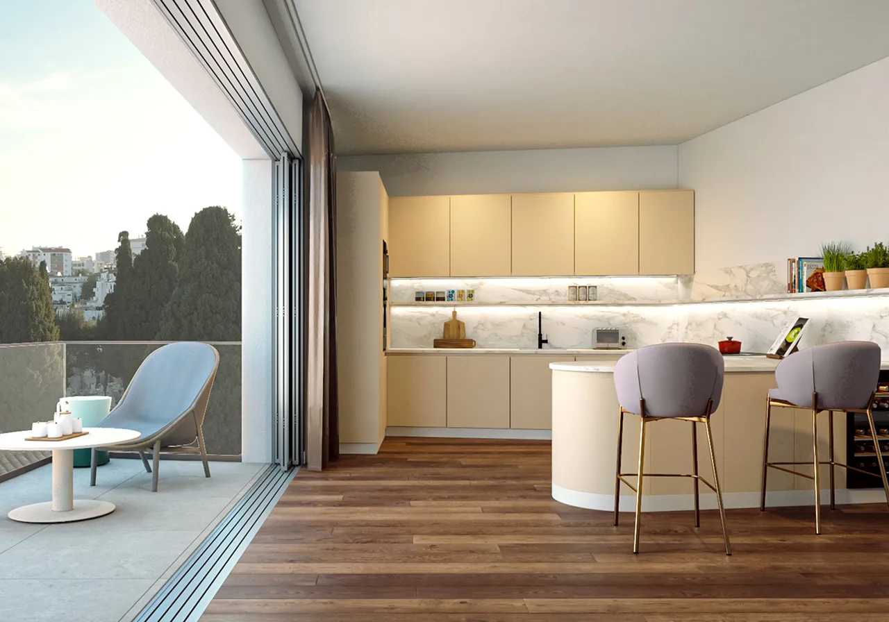 Contemporary open-plan kitchen with marble finishes opening to balcony with city view.