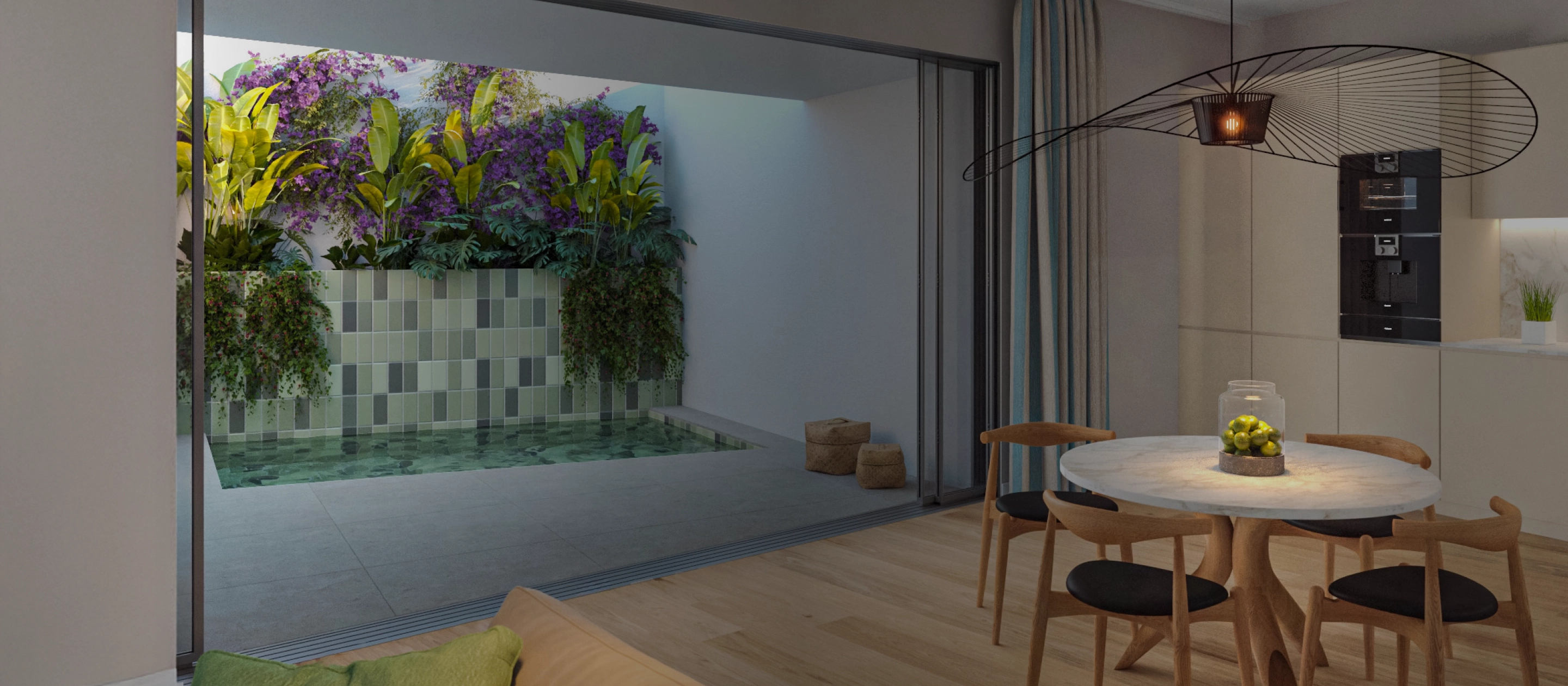 Interior design of modern apartment featuring dining area, indoor pool, and lush green wall.