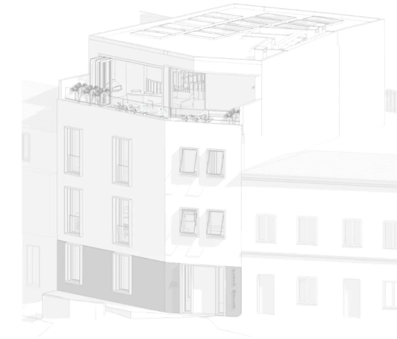 3D architectural rendering of Nova Terraces project in Lagos with rooftop terrace and open living spaces.