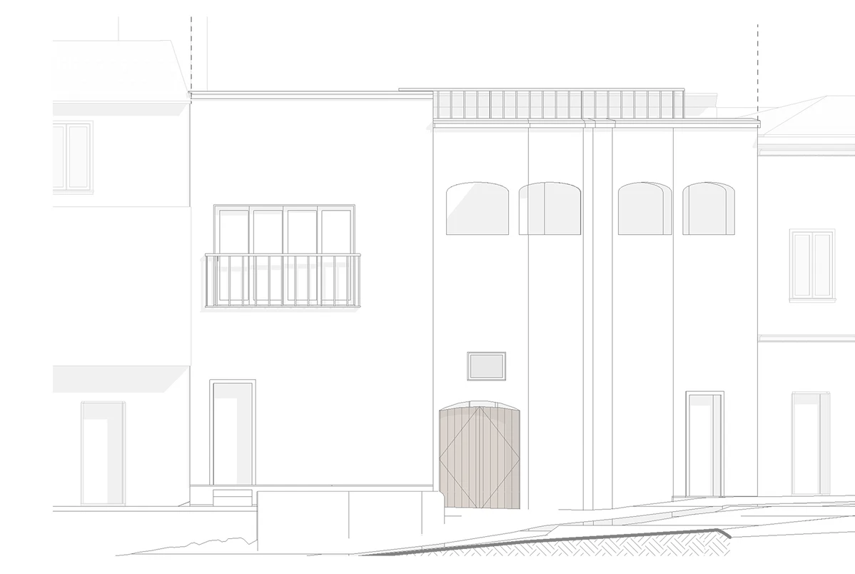 Architectural sketch of a residential development building facade with balcony and modern lines.