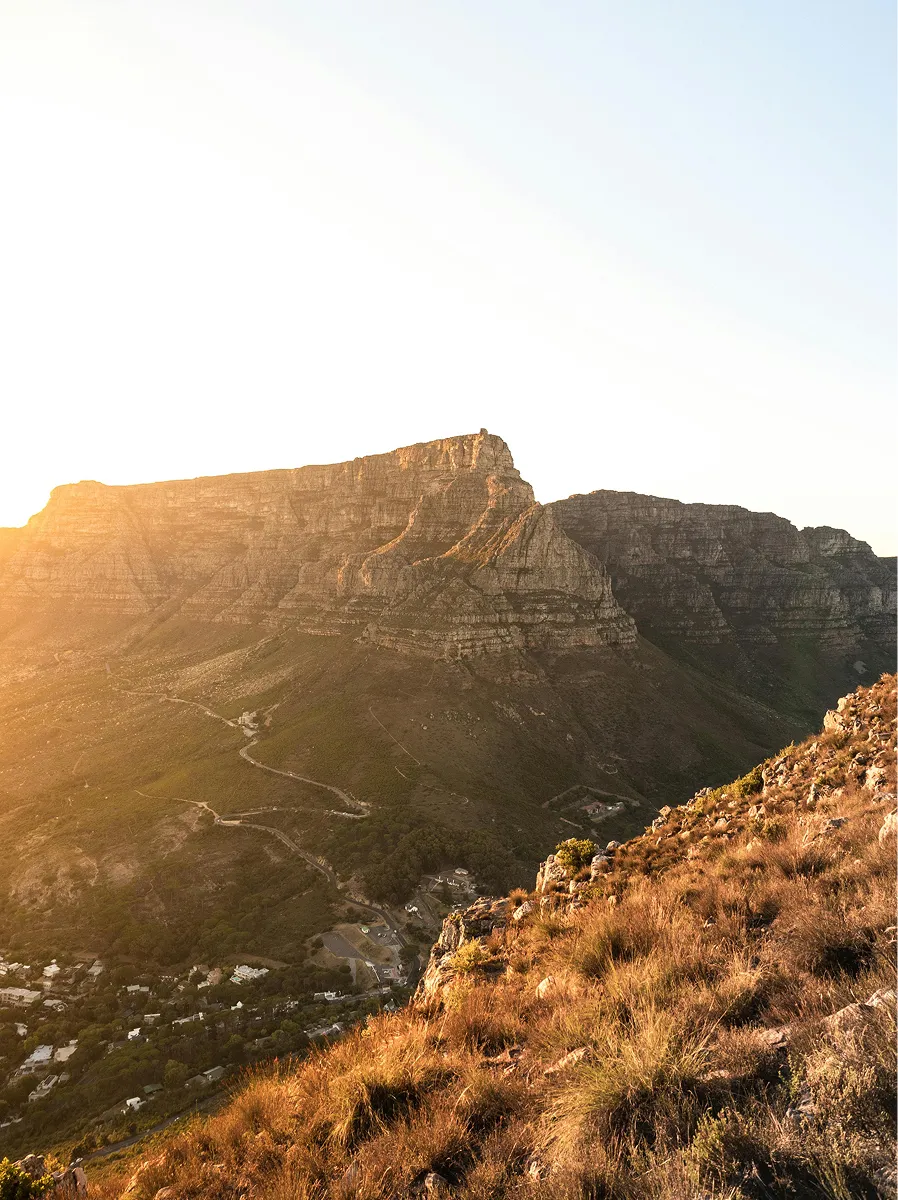 Scenic view of Table Mountain at sunset in Cape Town, South Africa.