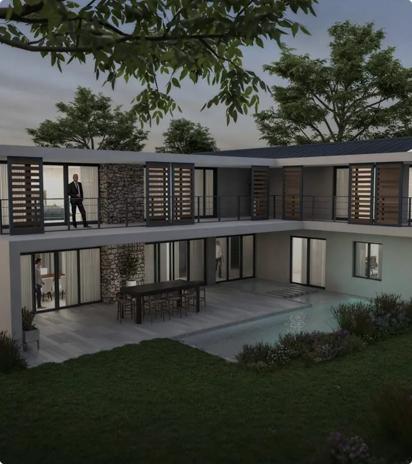 Contemporary two-story villa with open balcony, outdoor dining area, and pool at dusk.