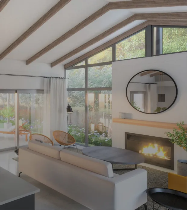 Modern living room with vaulted ceiling, fireplace, and large glass windows opening to a garden.