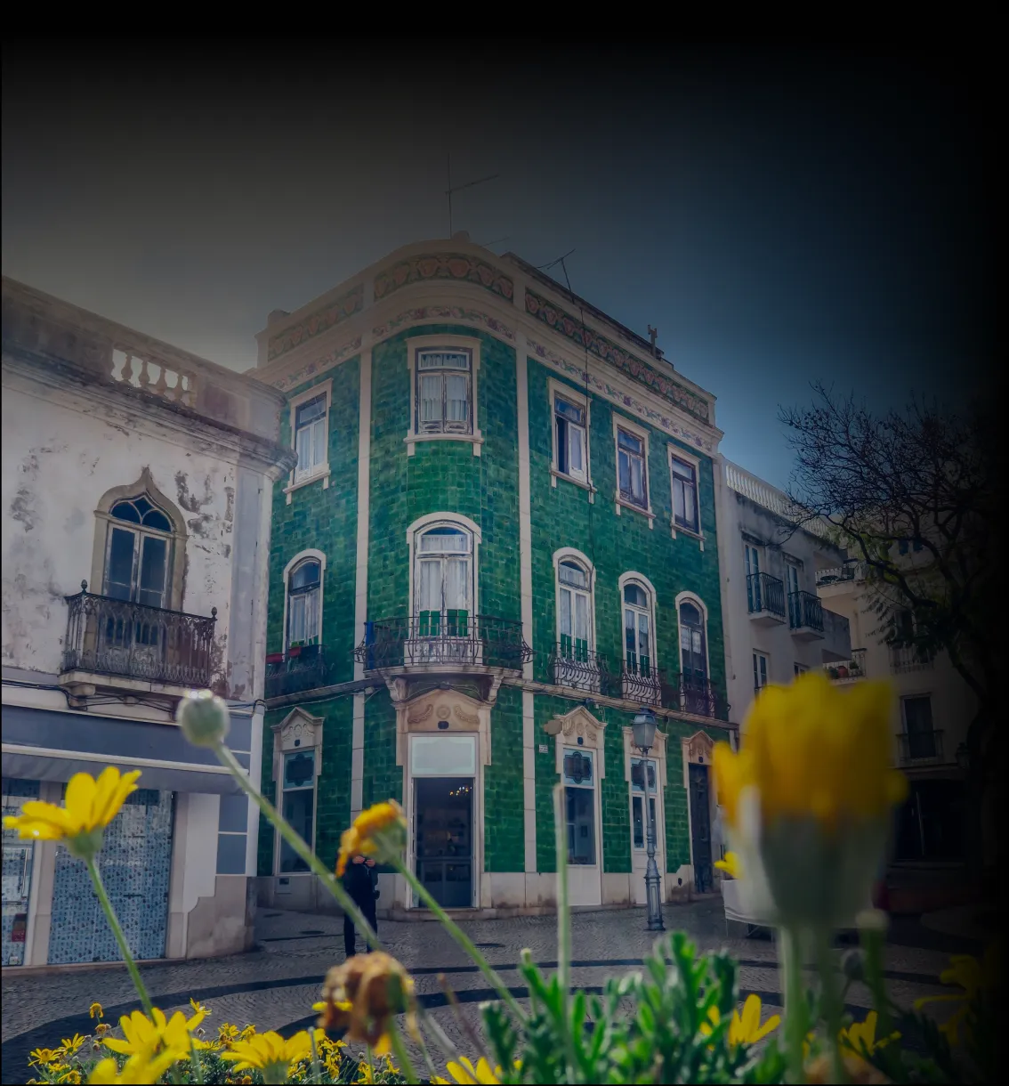 Historic Portuguese building with green tiled façade and ornate details, viewed from street level with flowers in the foreground.