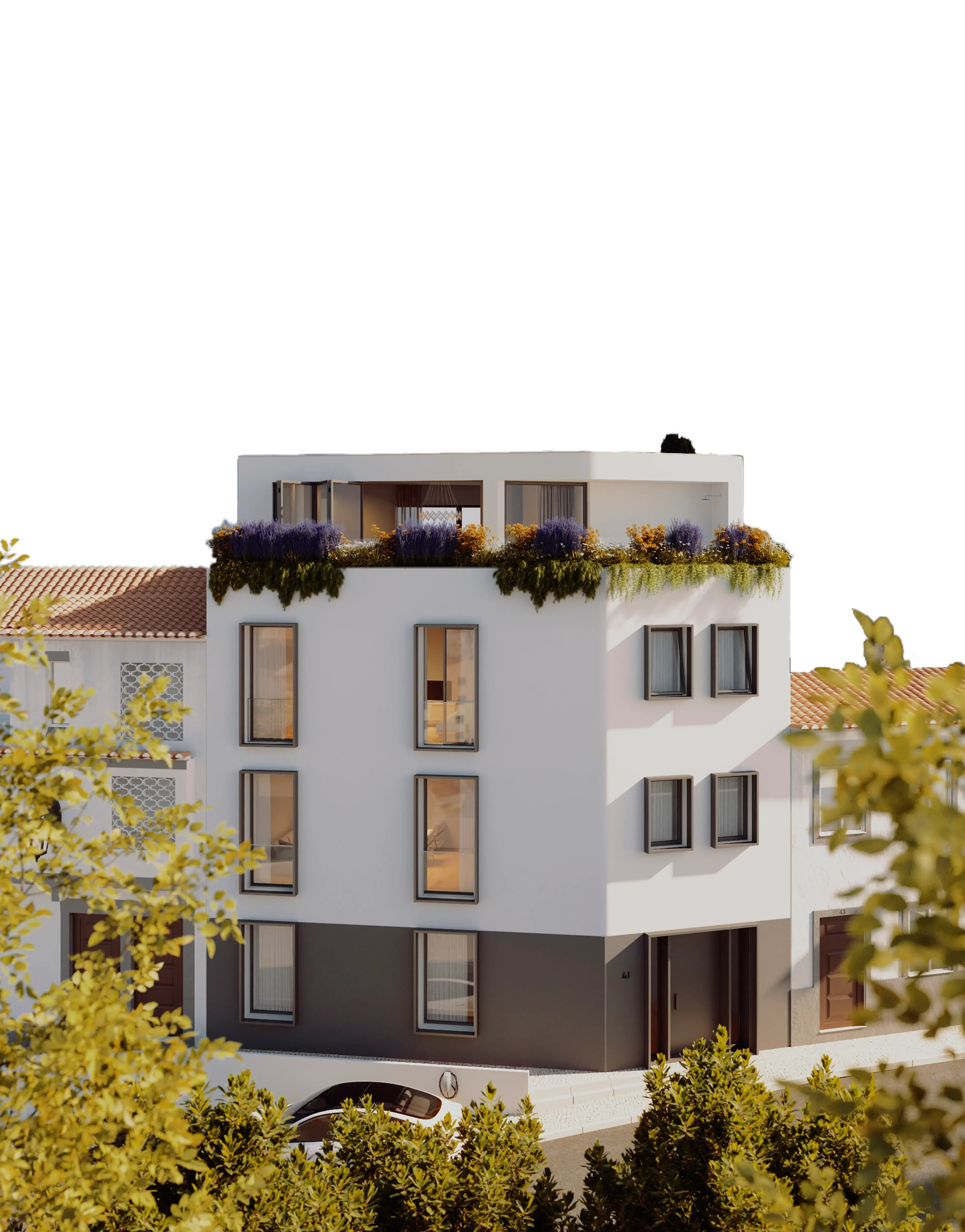 Modern white residential building with large windows and rooftop garden in Lagos, Portugal.