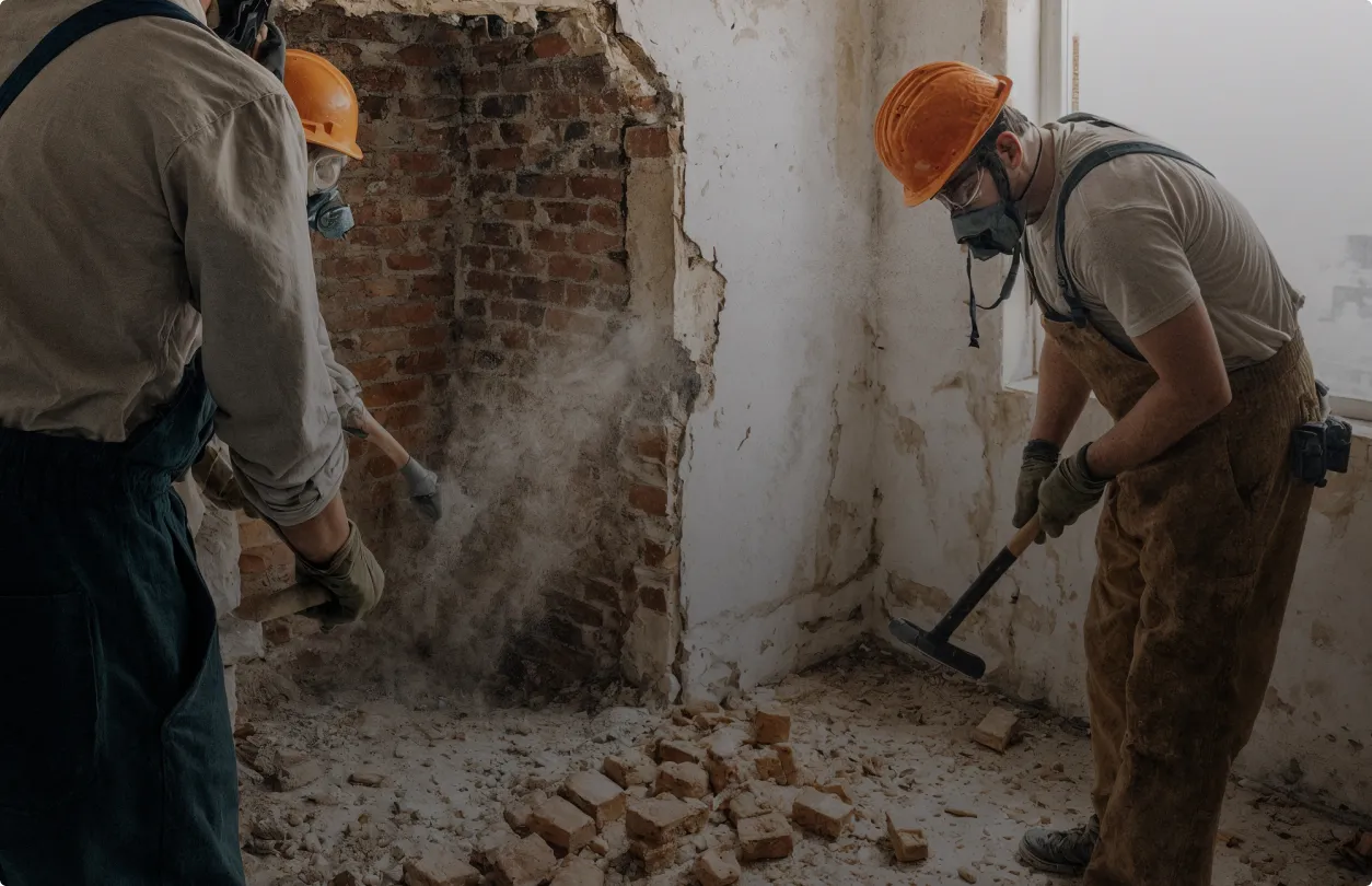 Two construction workers in protective gear demolishing a brick wall inside a building.