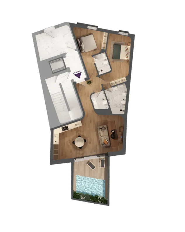 3D floor plans of duplex apartments at Nova Terraces with multiple bedrooms, open living areas, and rooftop terrace with jacuzzi.