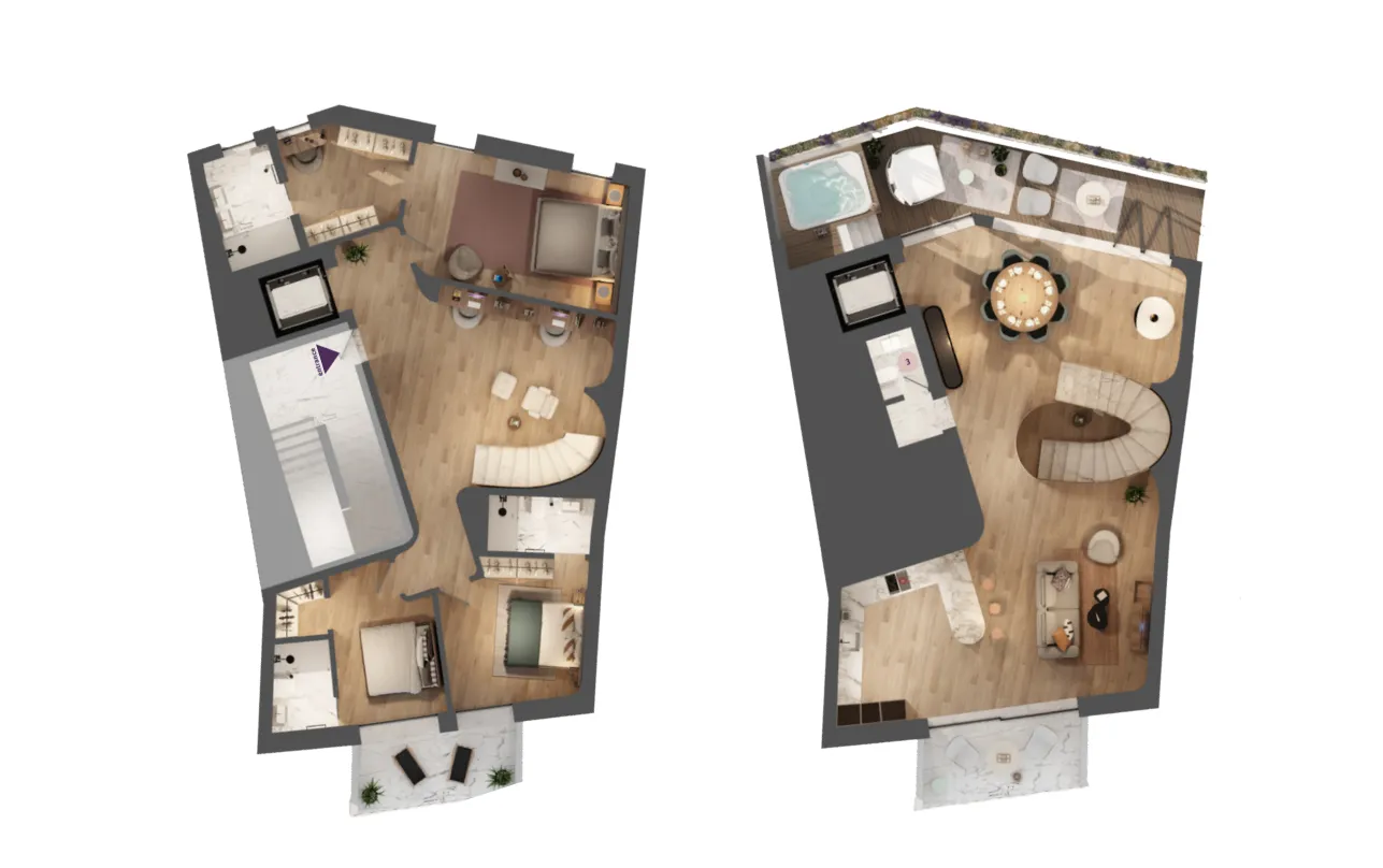 3D floor plans of duplex apartments at Nova Terraces with multiple bedrooms, open living areas, and rooftop terrace with jacuzzi.