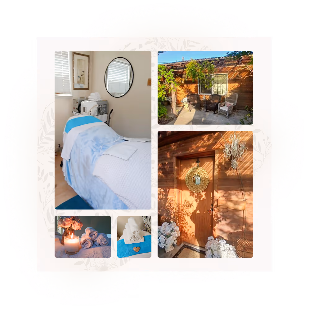 Collage of a clean clean facial treatment bed and exterior spa photos