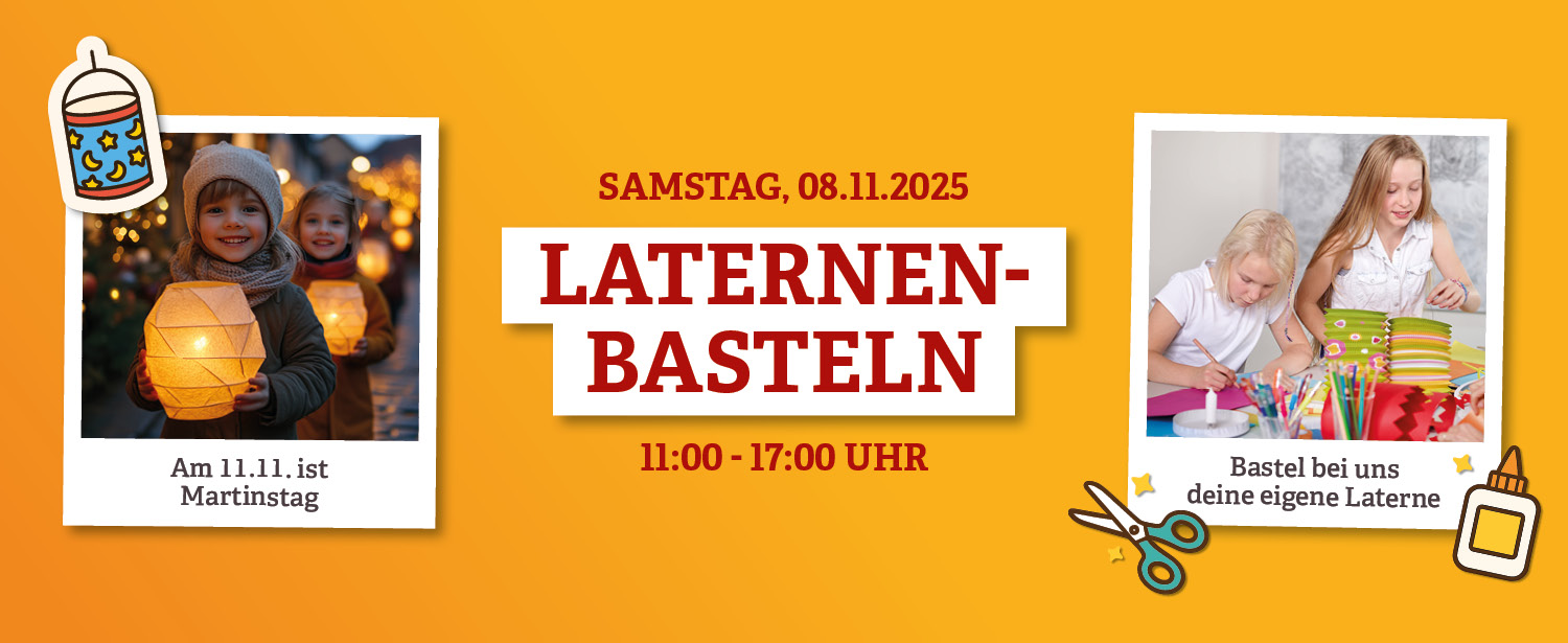 Auf orangenem Hintergrund wird das Laternenbasteln am 08.11.2025 angekündigt und auf zwei Polaroid-Motiven sind Kinder zu sehen, die Laternen basteln und damit spazieren gehen.