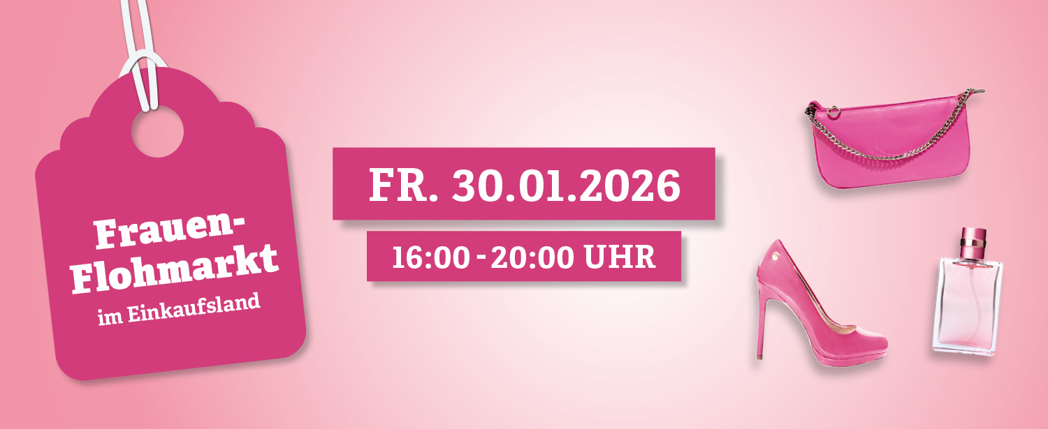 Auf pinkem Hintergrund wird der Frauenflohmarkt angekündigt. Neben dem Datum und dem Titel zeigen eine Handtasche, Pumps und ein Lippenstift, dass es sich um Frauenprodukte handelt.
