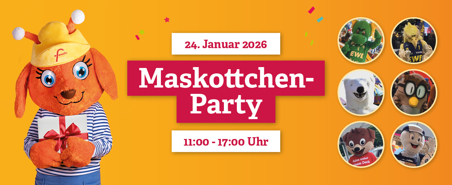 Auf orangenem Grund sind Luna und weitere Maskottchen abgebildet und kündigen die Maskottchenparty am 24.01.2026 an.