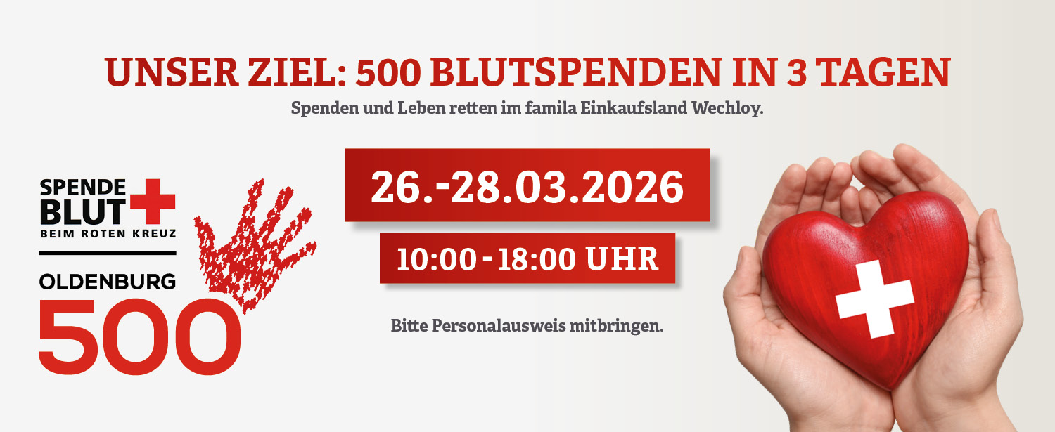 Die Blutspendeaktion Oldenburg 500 wird angekündigt und man sieht ein rotes Herz, welches in den Händen gehalten wird.