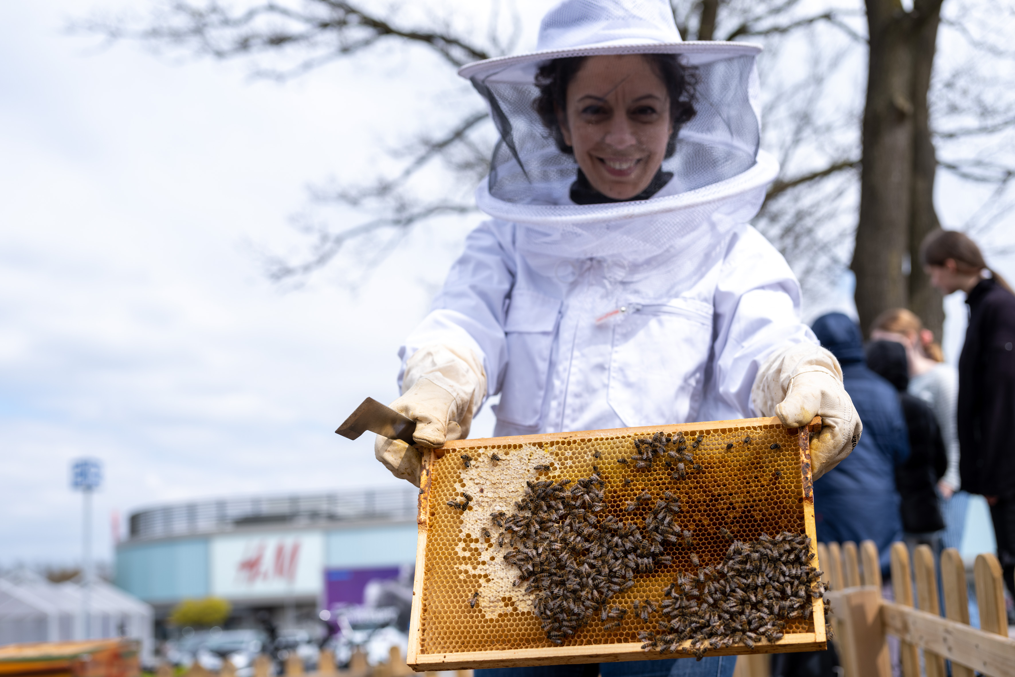 Die Imkerin hält eine Bienenwabe in die Kamera.