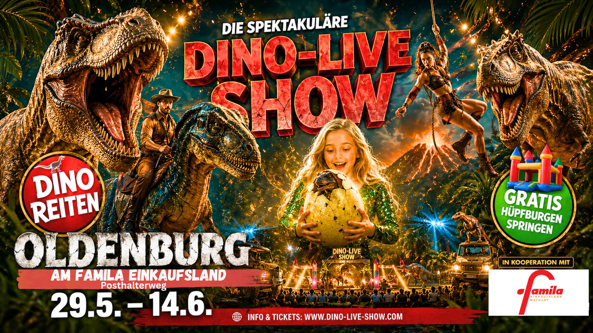 Es wird eine Dino-Live Show vom 29.05.-14.06. auf dem famila Einkaufsland Wechloy Gelände angekündigt.