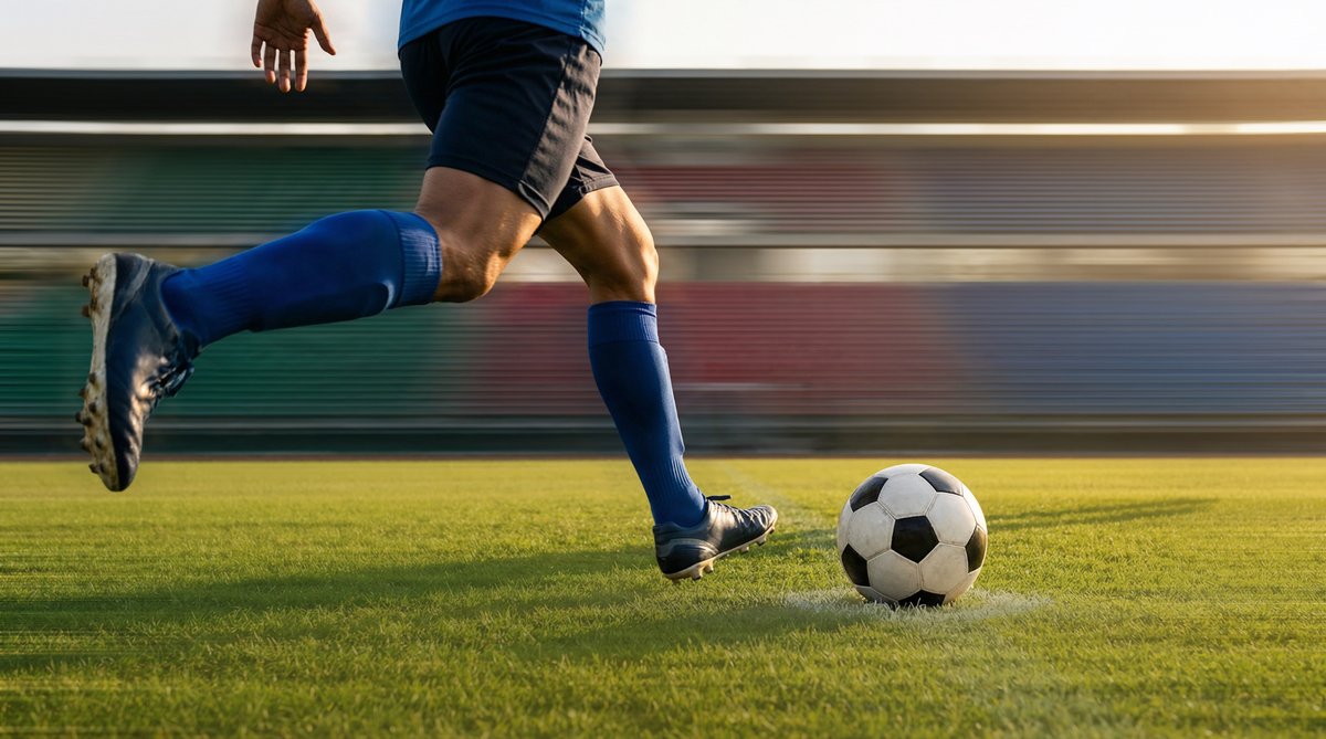 Ein Fußballer rennt über den Platz und schießt den Ball.