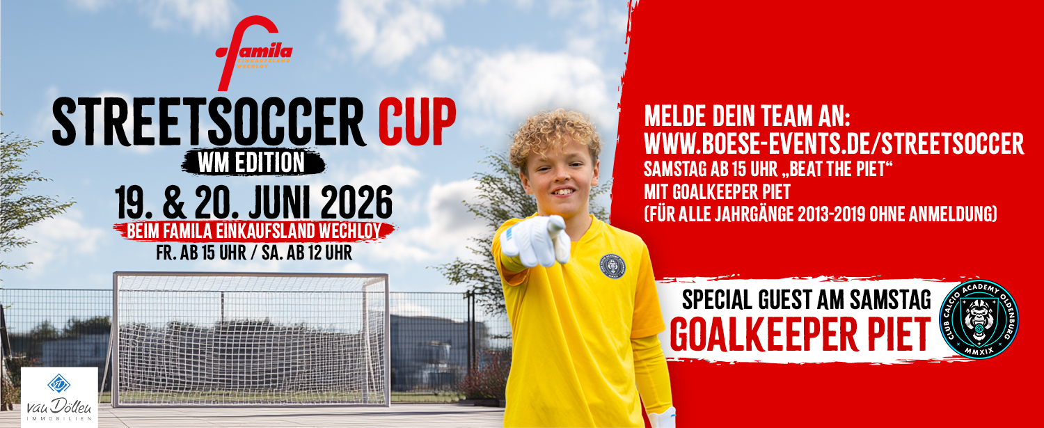 Angekündigt wird das Streetsoccer Turnier am 19.+20. Juni mit Goalkeeper Piet.