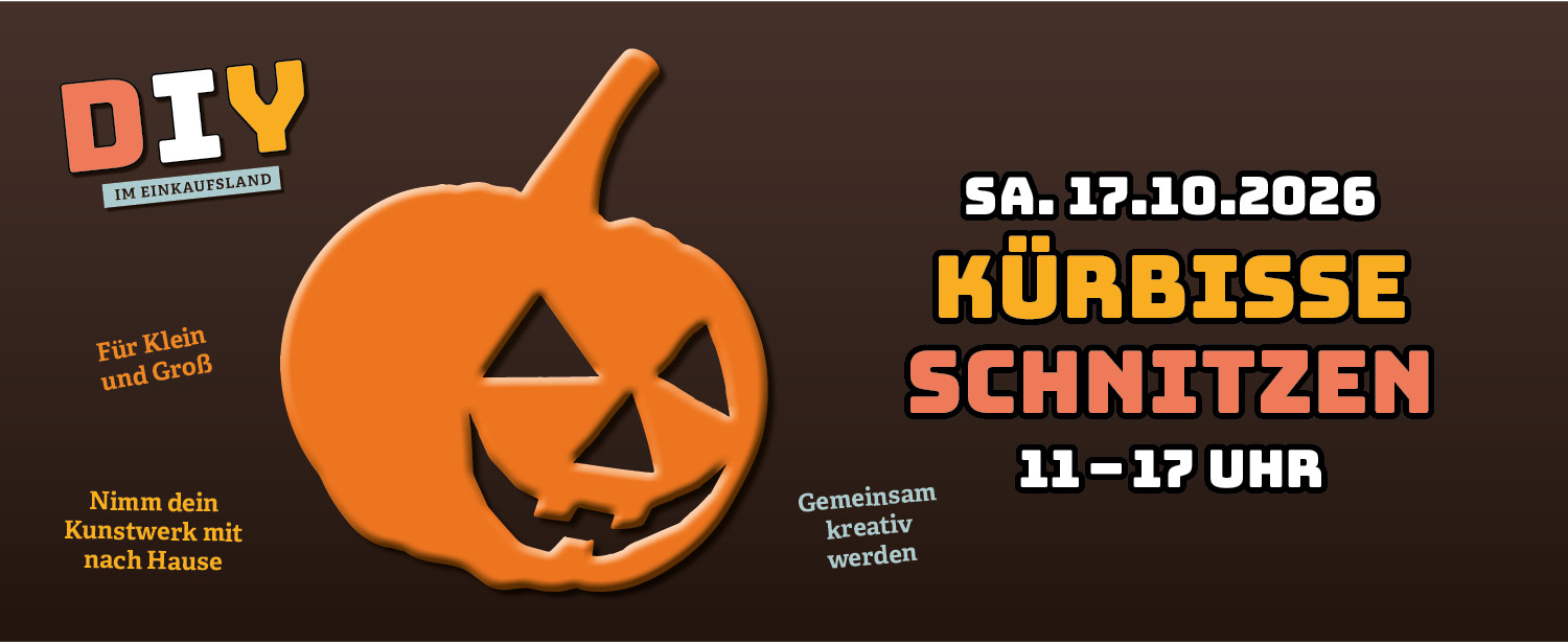 Auf braunem Hintergrund ist ein Kürbis abgebildet und das Kürbisschnitzen wird angekündigt.
