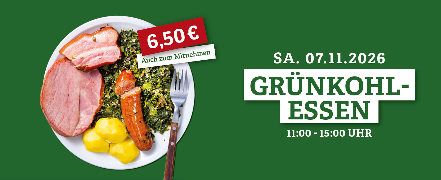 Auf grünem HIntergrund wird das große Grünkohlessen im Einkaufsland am 07.11. angekündigt mit einem Teller mit Grünkohl, Kassler und Kartoffeln.
