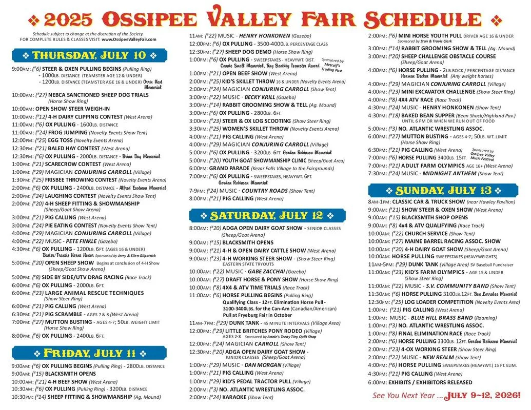 A flyer for the ospe valley fair schedule.