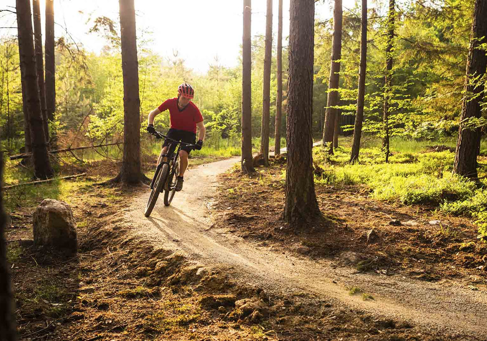 En man cyklar mountainbike på en stig