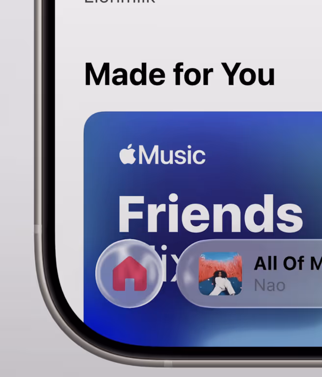 iOS 26 Music app with the liquid glass UI elements make it really hard to view the elements inside the pills with the images in the background. Image Copyrights - Apple Inc.