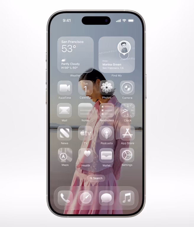 iOS 26 homescreen with the transparent icons feature visually looks minimal but is a major setback from an accessibility standpoint. Image Copyrights - Apple Inc.