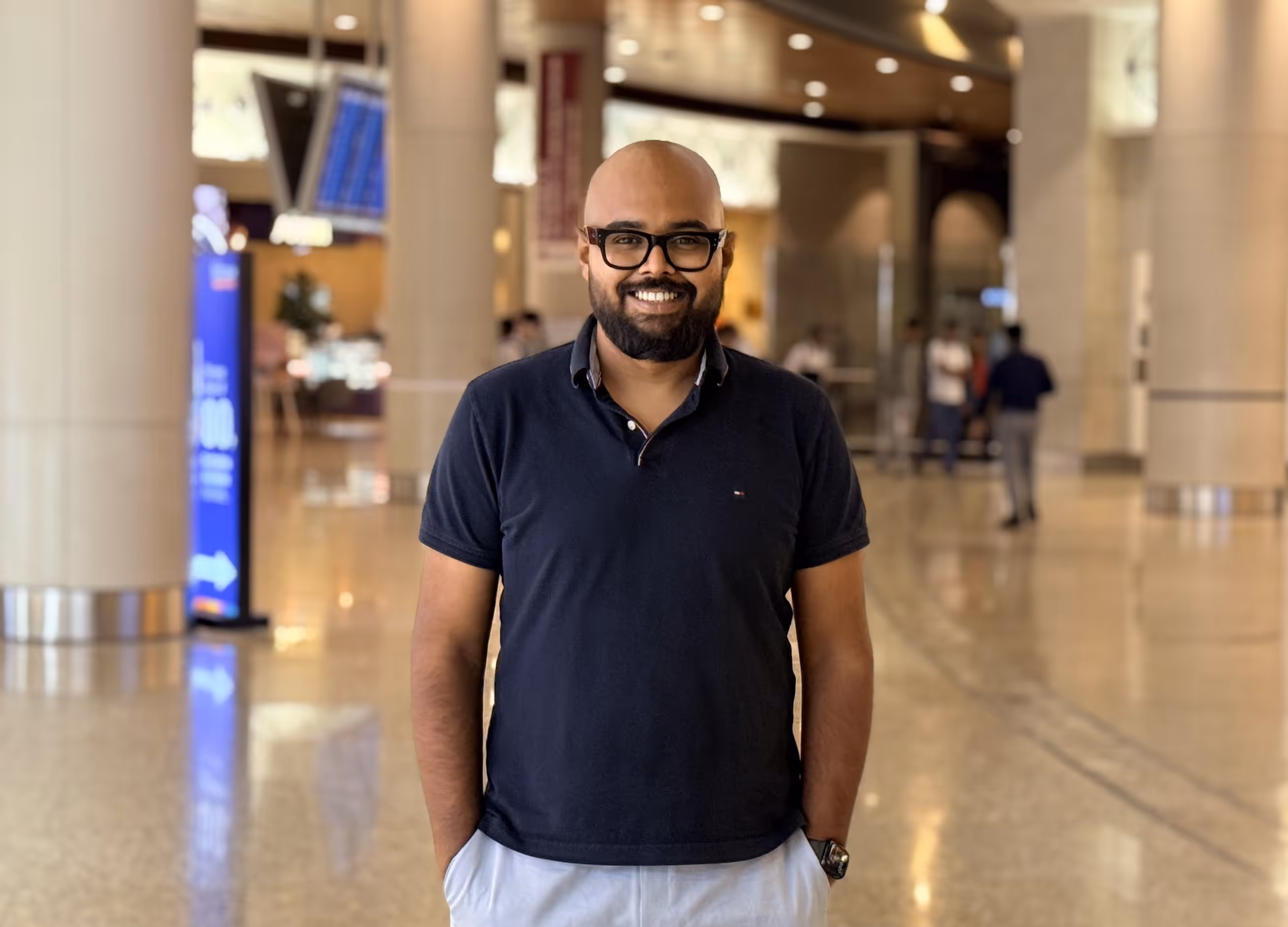 Vigneshwar is ready to board to his flight to Dubai