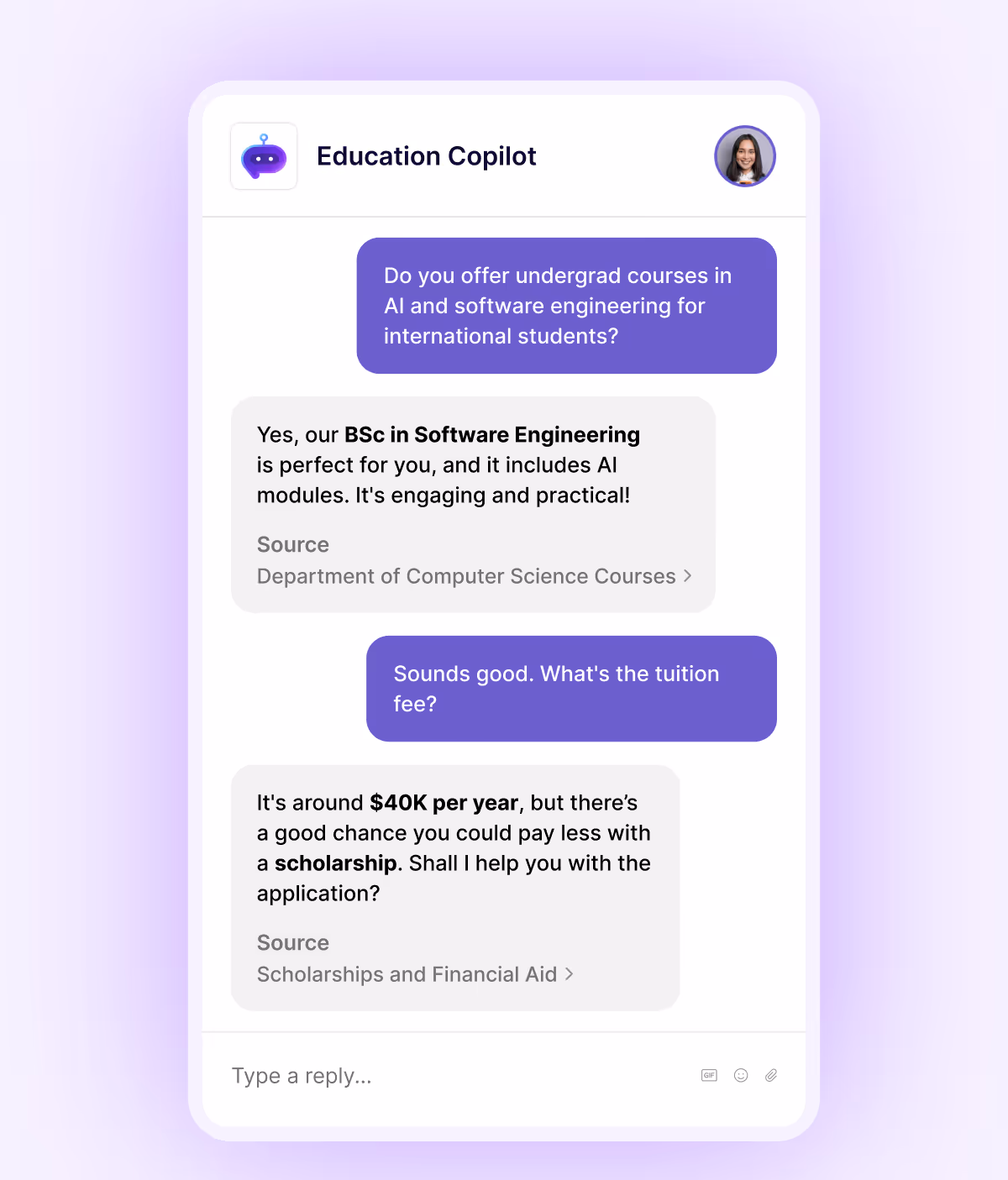 Product demo of Botsonic's Education Pilot shown on a landing page.