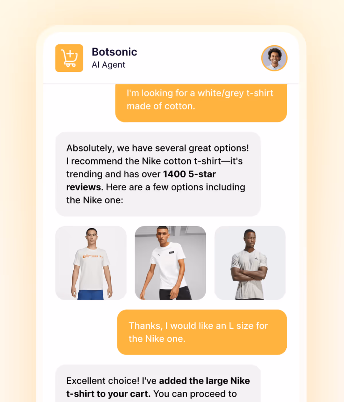 Product demo of Botsonic's AI Agent for shopping shown on a landing page.