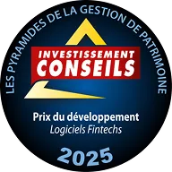 Badge du prix du développement dans la catégorie Logiciels Fintechs 2025 du concouers Les Pyramides de la gestion de patrimoine