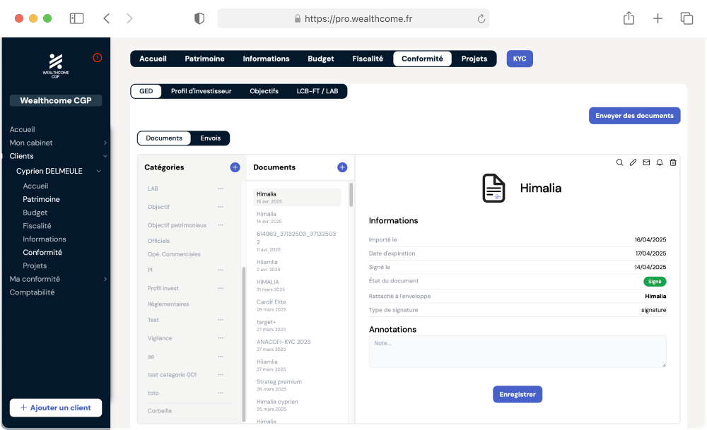 Interface de l'application WealthPro