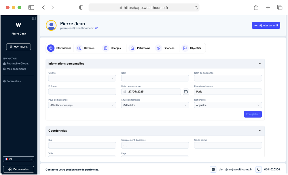 Interface de l'application WealthConnect