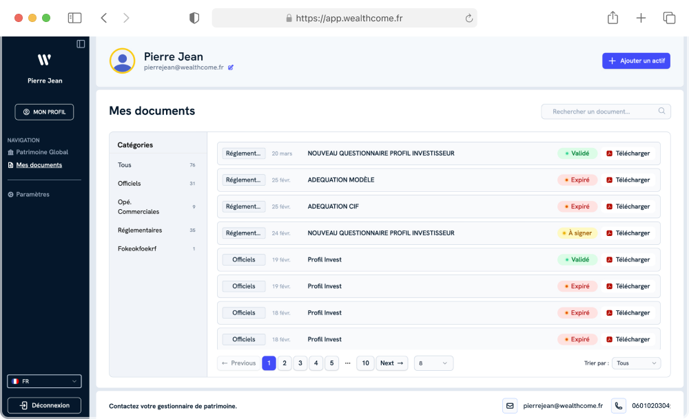 Interface de l'application WealthConnect