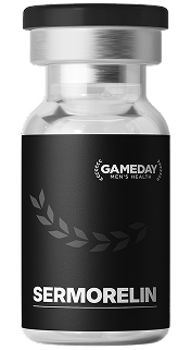 Close-up of Gameday Men’s Health Sermorelin vial used for growth hormone support and peptide therapy.