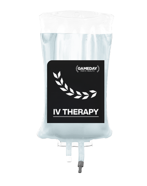 IV therapy infusion bag with Gameday Men’s Health logo, representing hydration and vitamin support.