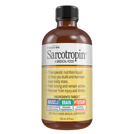 Bottle of Sarcotropin ProSoma Medical Food, a therapeutic nutrition liquid designed to help build and maintain lean body mass, support brain function, and aid recovery from injury and illness.
