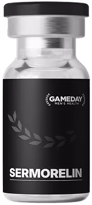 Close-up of Gameday Men’s Health Sermorelin vial used for growth hormone support and peptide therapy.