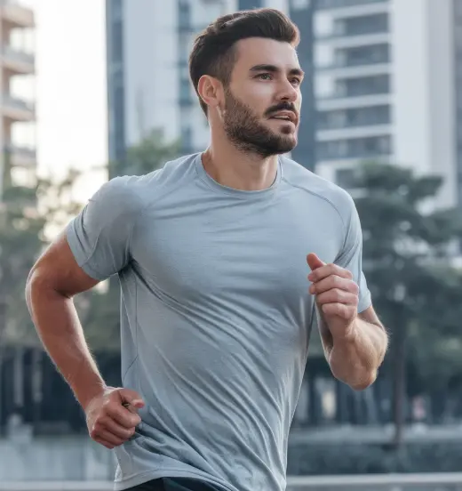 Man jogging outdoors in a city setting, wearing a light gray athletic shirt and looking focused.