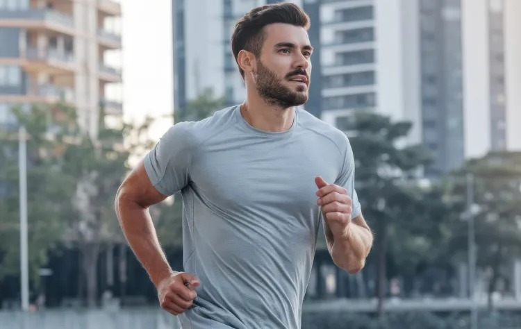 Man jogging outdoors in a city setting, wearing a light gray athletic shirt and looking focused.