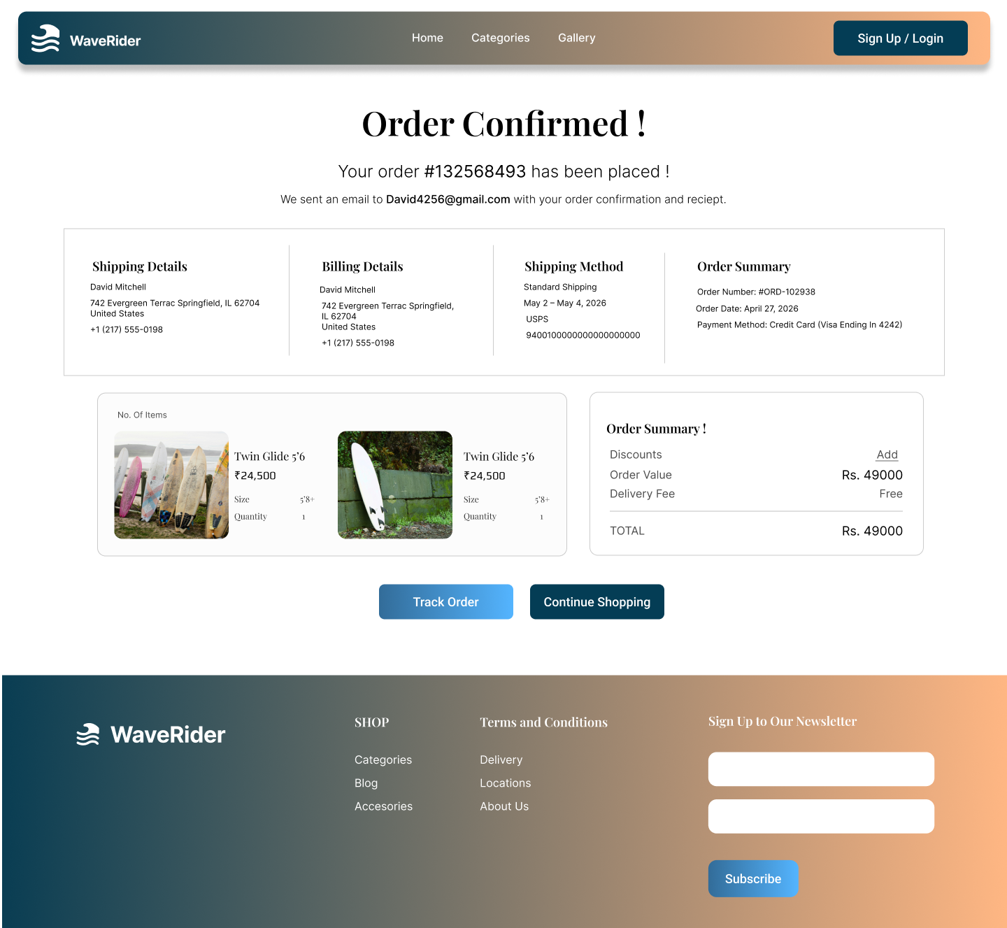 WaveRider order confirmation screenshot