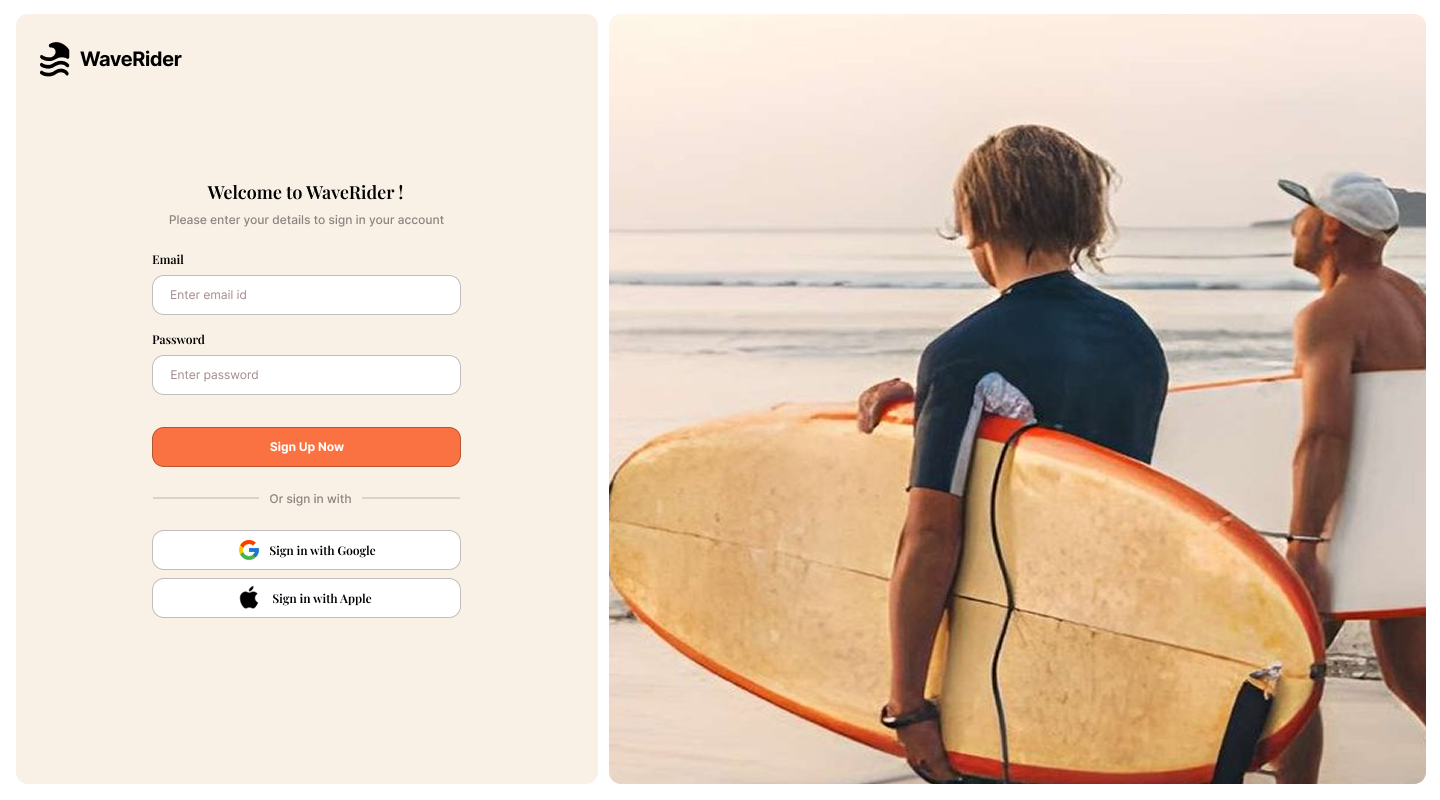 WaveRider sign up screenshot