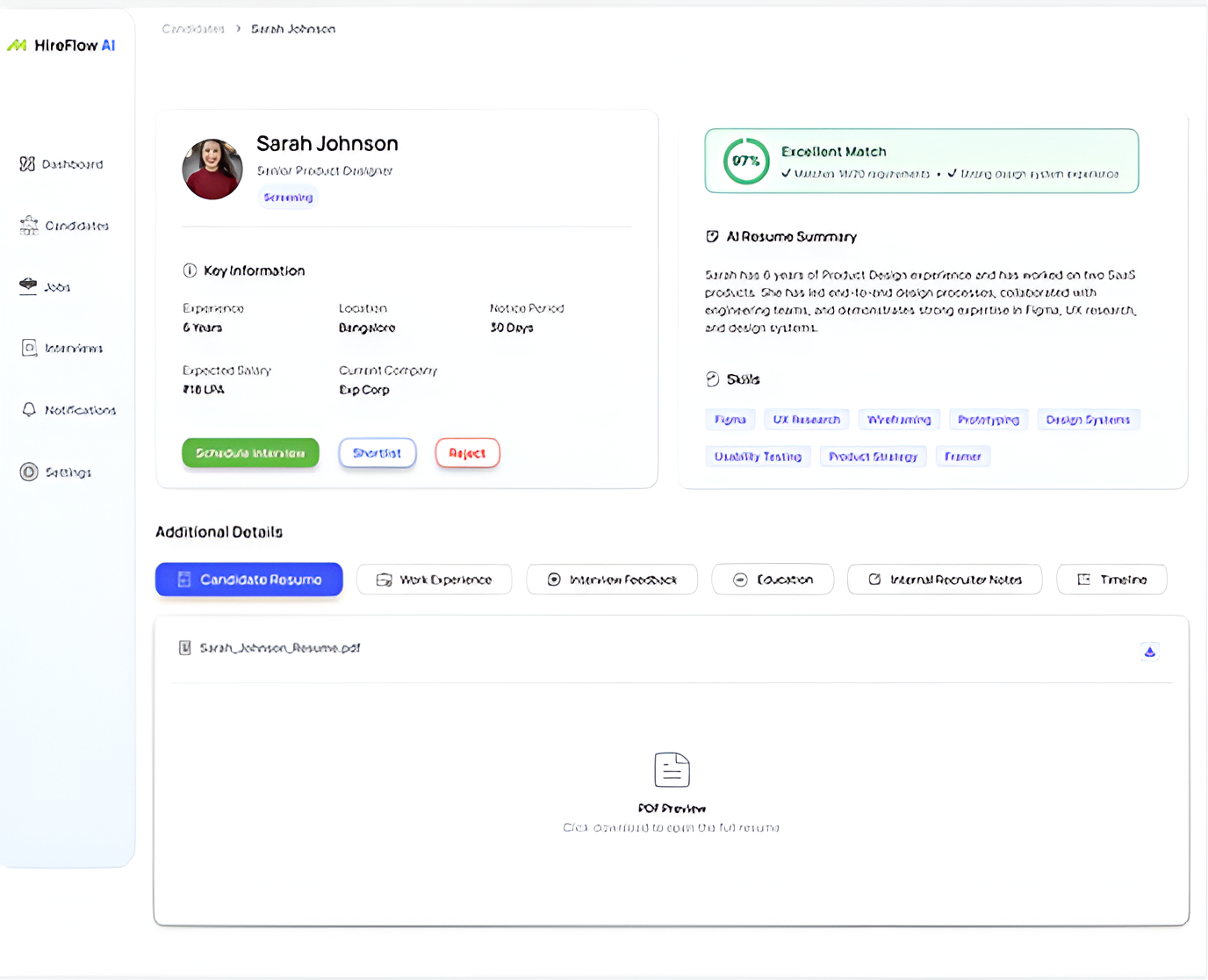 HireFlow AI candidate profile screenshot
