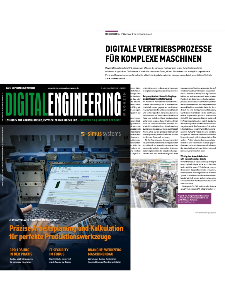 Das Cover des Digital Engineering Magazins 6/25 und der Artikel über Mayer & Cie. und SAE.