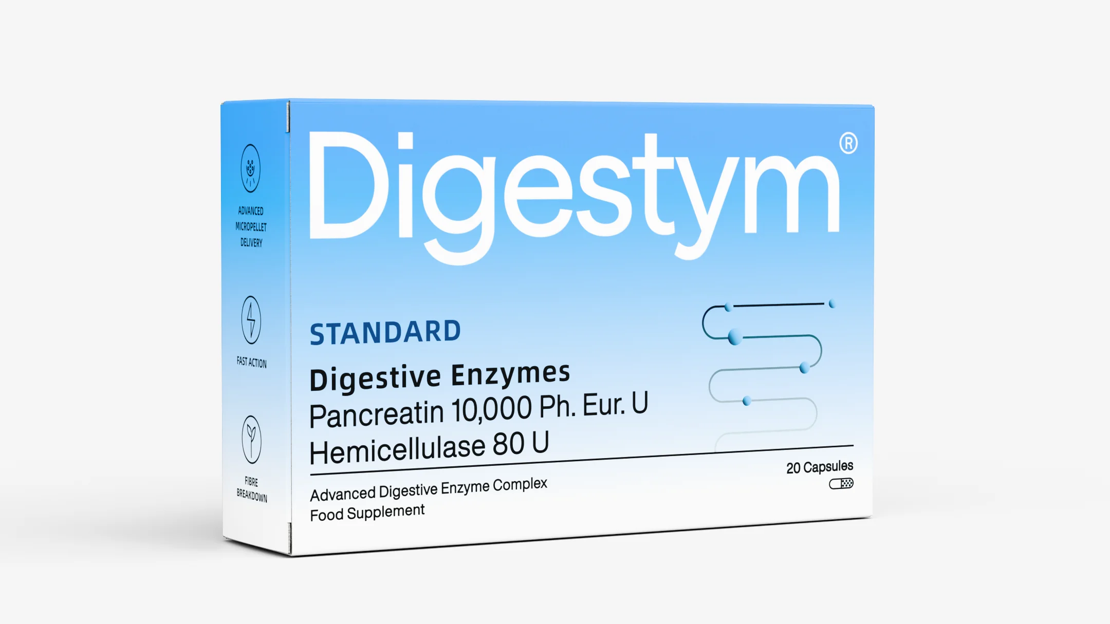 Digestive Enzymes box - Digestym Standard. Pancreatin and Hemicellulase blend, available in the UK
