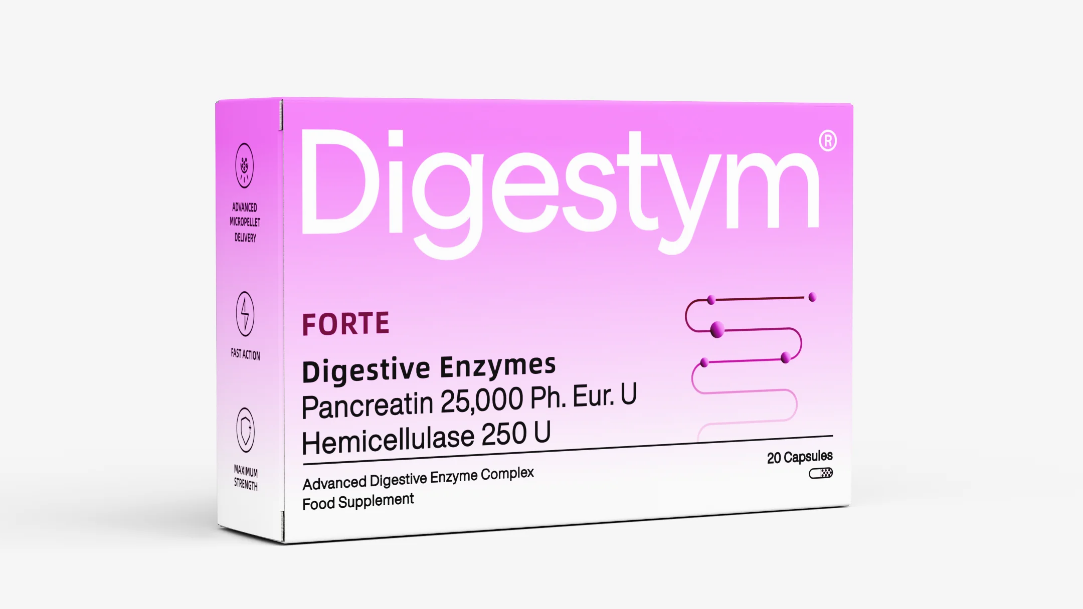 Digestive Enzymes box - Digestym Forte(extra strength). Pancreatin and Hemicellulase blend, available in the UK