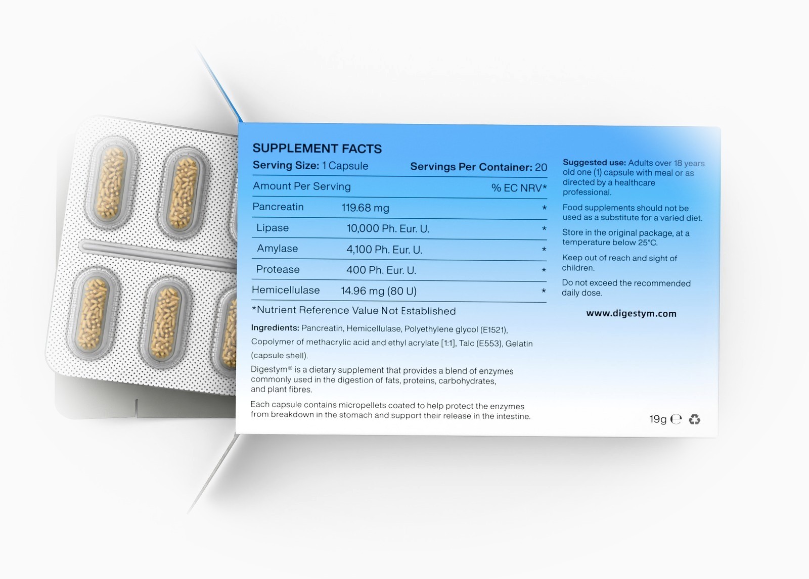 Digestym Standard pack with two capsules showing the enzyme micropellets inside