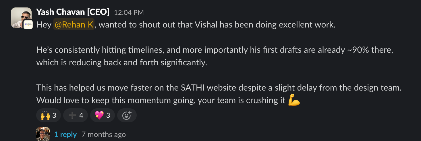 Screenshot of a client message in Slack: Hey @Rehan K, wanted to shout out that Vishal has been doing excellent work. Would love to keep this momentum going, your team is crushing it